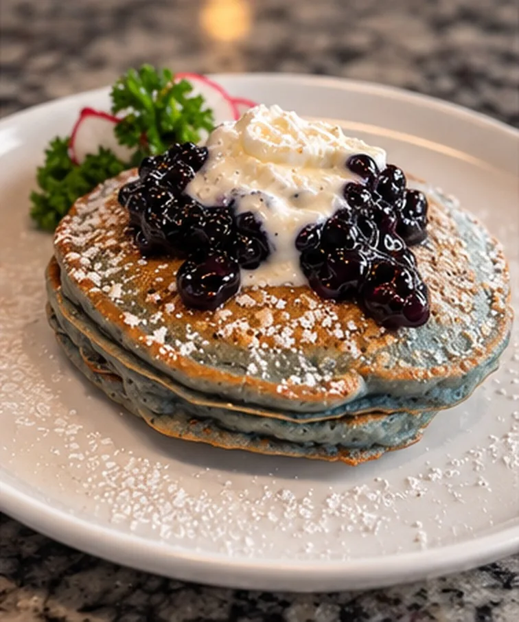 Stack of fluffy blueberry pancakes topped with fresh blueberry compote and whipped cream at Estime's Cafe in Colonia NJ
