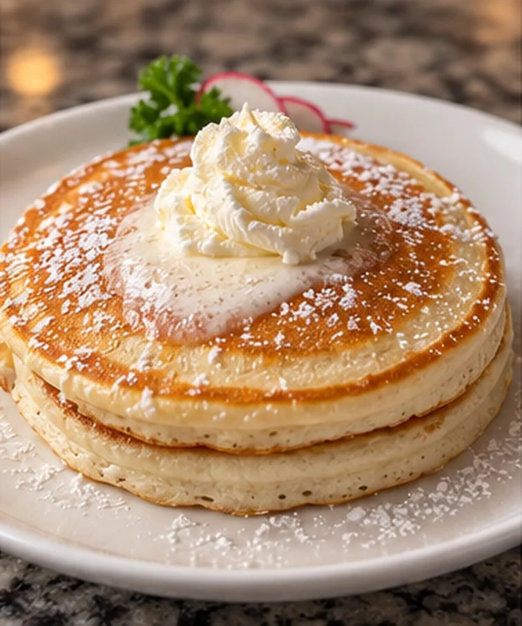 Fluffy golden buttermilk pancakes topped with whipped butter and powdered sugar at Estime's Cafe in Colonia NJ