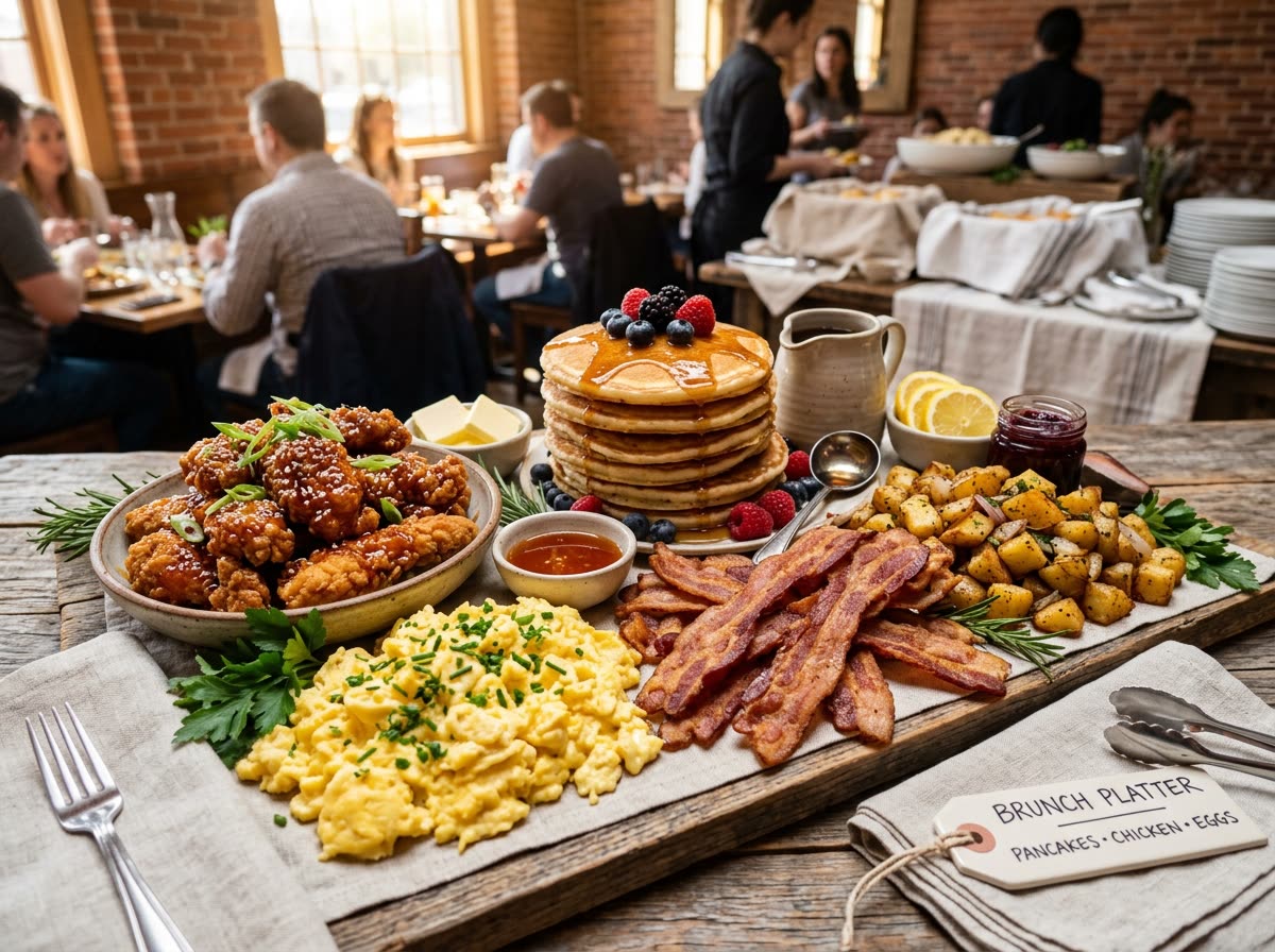 Classic Brunch Catering Package with Buttermilk Pancakes, Fried Chicken & Scrambled Eggs