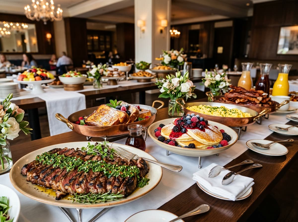 Executive Steak & Sweet Griddle Catering Feast with NY Strip Steak and Brioche French Toast