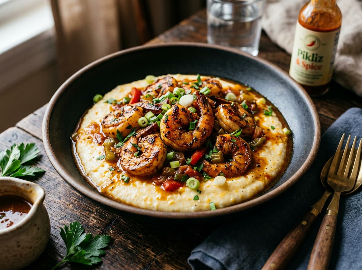 Haitian Creole Shrimp and Grits in savory reduction gravy at Estime's Cafe in Colonia NJ