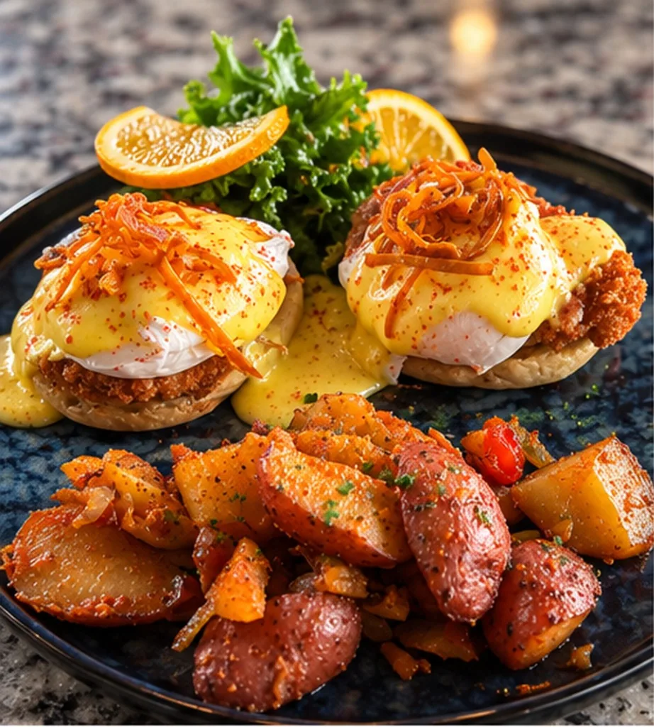 Gourmet eggs Benedict with creamy Hollandaise sauce, crispy topping, and seasoned breakfast potatoes at Estime's Cafe