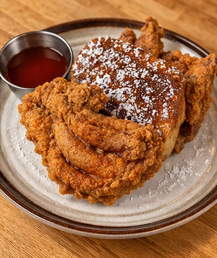 Crispy honey sriracha fried chicken over golden French toast dusted with powdered sugar at Estime's Cafe Colonia NJ