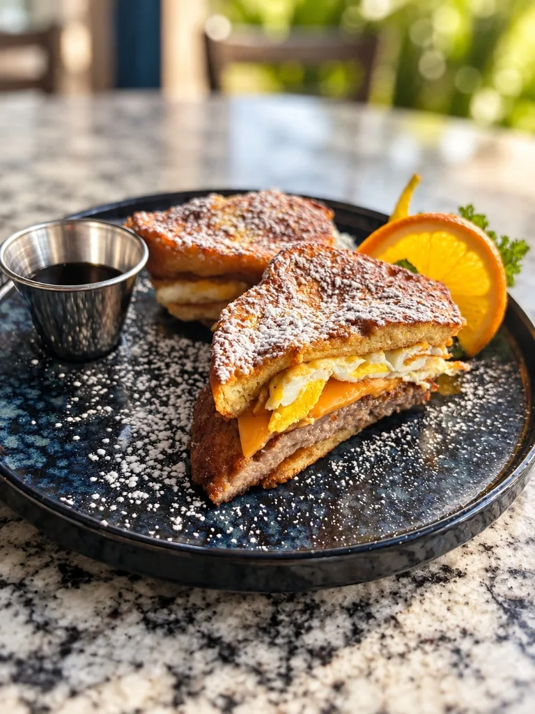 Chef Duke's signature Monte Estime breakfast sandwich on sweet powdered French toast with sausage, egg, and melted cheddar at Estime's Cafe