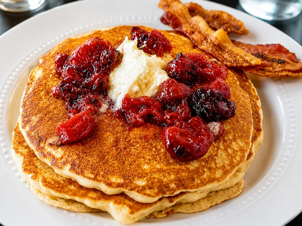 Signature weekend brunch specialty pancakes with berry compote and crispy bacon at Estime's Cafe in Colonia NJ