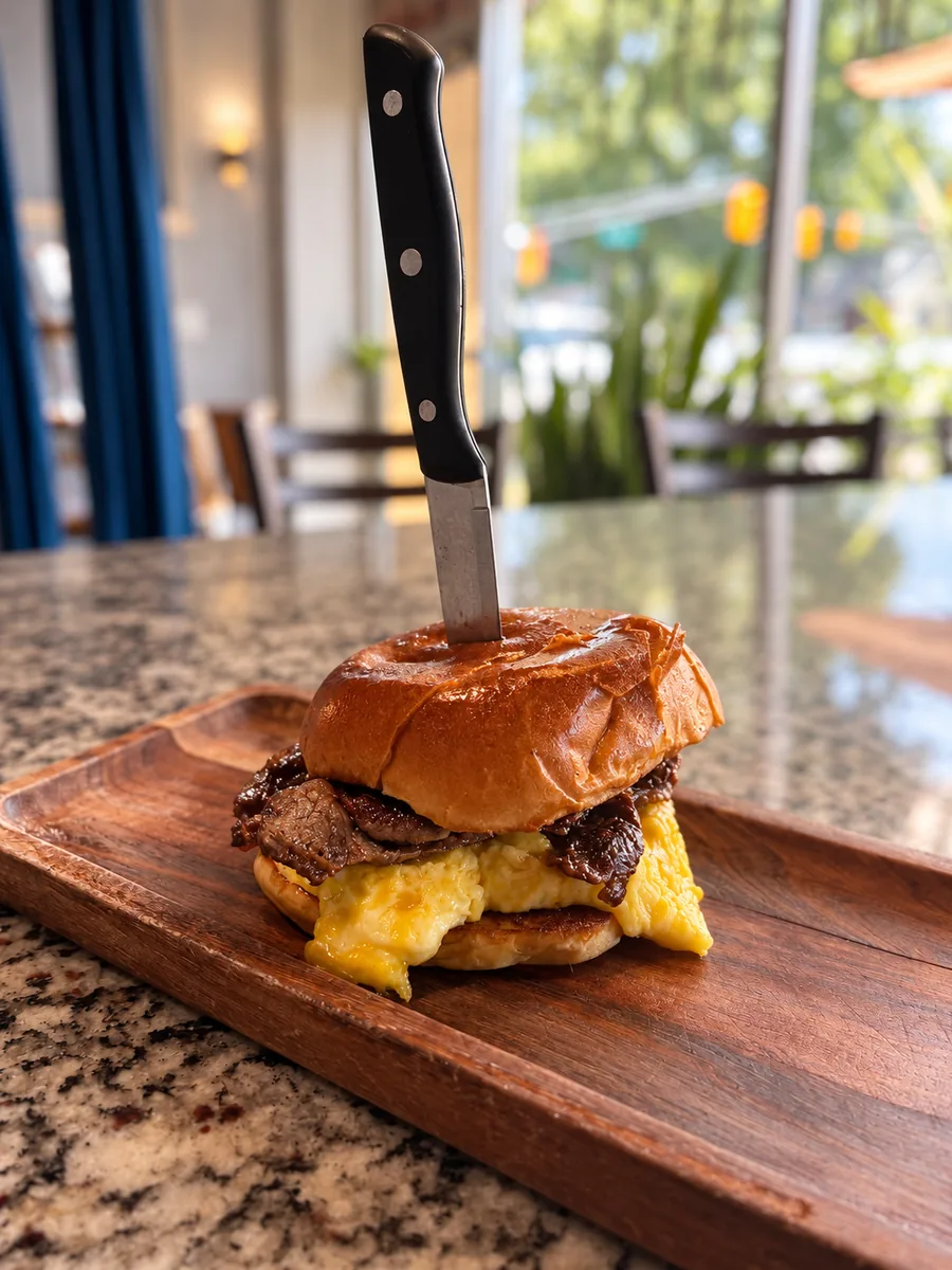 Steak, Egg & Cheese breakfast sandwich with folded eggs and melted cheddar on a toasted brioche roll at Estime's Cafe Colonia NJ