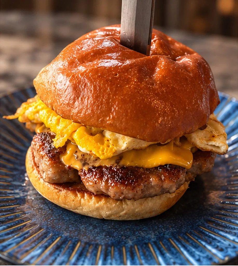 The Mayor breakfast sandwich with savory sausage patty, melted cheddar cheese, and fried egg on a brioche roll at Estime's Cafe
