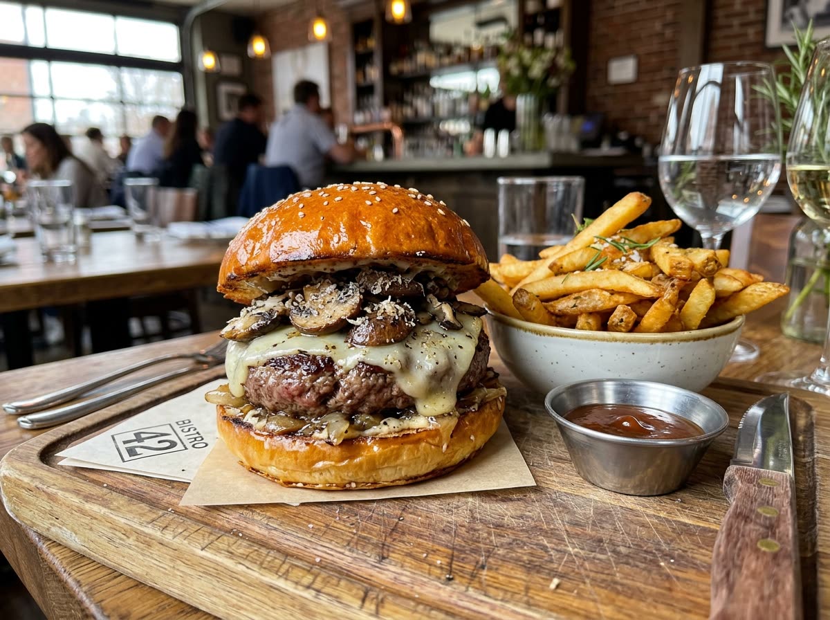 Gourmet Truffle Burger with sautéed mushrooms, Swiss cheese and french fries at Estime's Cafe